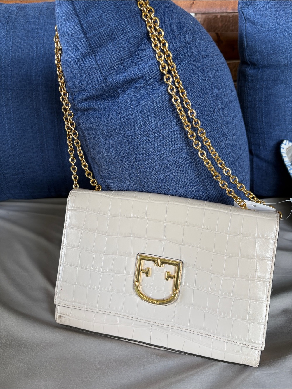 FURLA Viva Cream Croc-Embossed Shoulder/Crossbody Bag with Adjustable Gold Chain